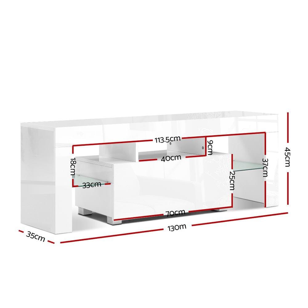 Artiss TV Unit 130cm RGB LED TV Stand Cabinet Entertainment Unit Gloss Furniture Drawer Tempered Glass Shelf White
