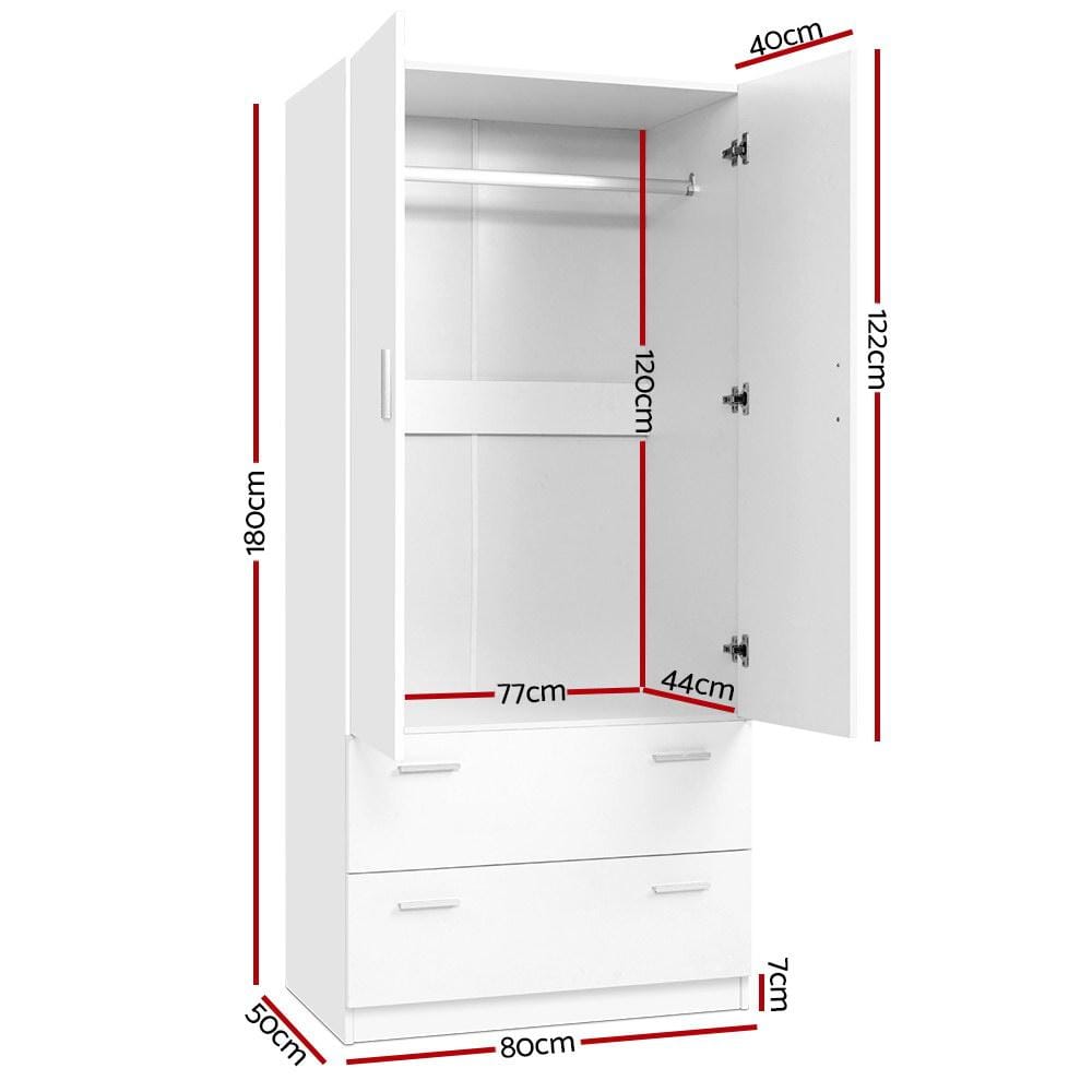 Artiss Chest of Drawers 2 Doors Wardrobe Bedroom Closet Storage Cabinet Organiser Armoire 180cm White