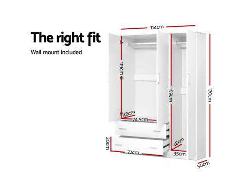Artiss Chest of Drawers 3 Doors Wardrobe Bedroom Closet Storage Cabinet Organiser Armoire 170cm