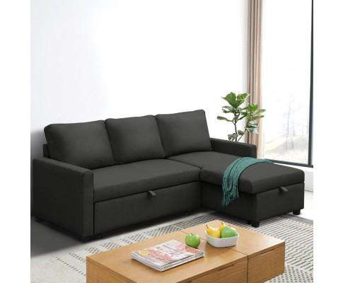 Artiss Sofa 3 Seater Fabric Sofa Bed with Storage - Charcoal