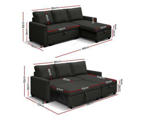 Artiss Sofa 3 Seater Fabric Sofa Bed with Storage - Charcoal