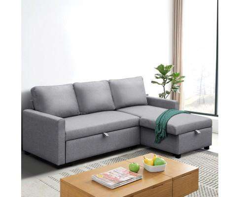 Artiss Sofa 3 Seater Fabric Sofa Bed with Storage - Grey