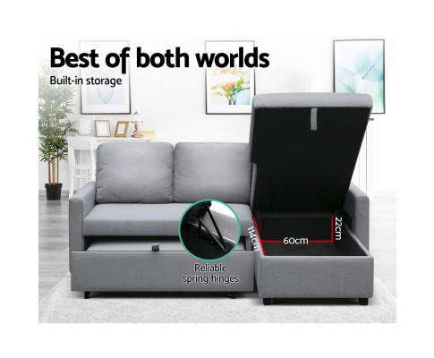 Artiss Sofa 3 Seater Fabric Sofa Bed with Storage - Grey
