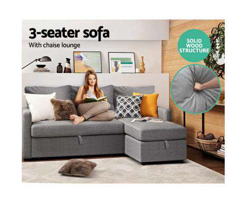 Artiss Sofa 3 Seater Fabric Sofa Bed with Storage - Grey