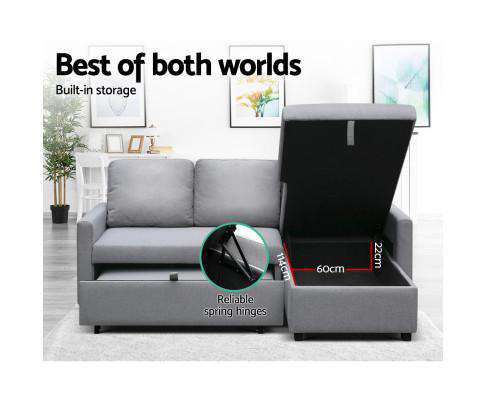 Artiss Sofa 3 Seater Fabric Sofa Bed with Storage - Grey