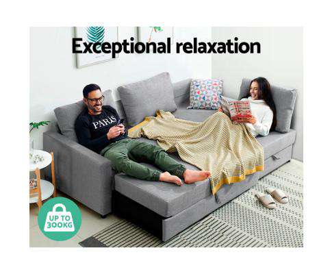Artiss Sofa 3 Seater Fabric Sofa Bed with Storage - Grey