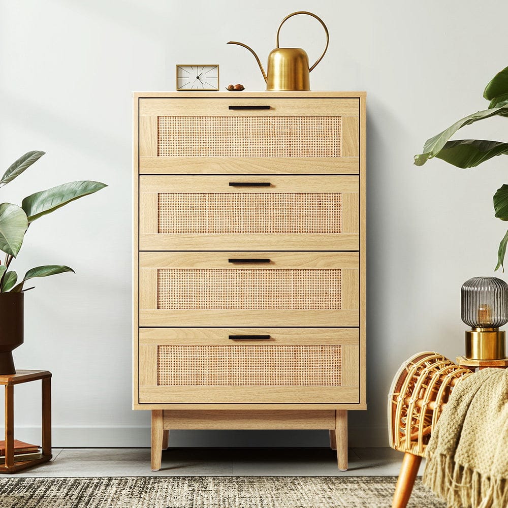 Artiss Chest of Drawers 4 Chest of Drawers Rattan Tallboy Cabinet Bedroom Clothes Storage Wood