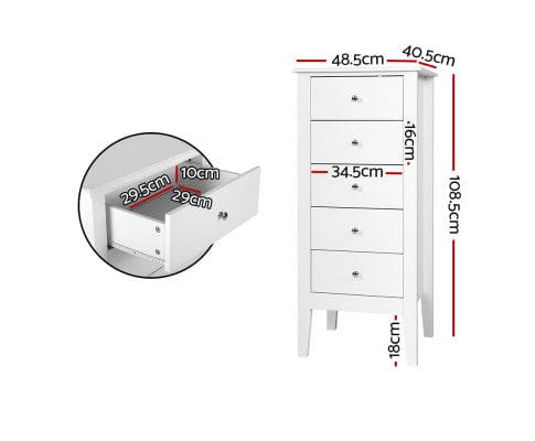 Artiss Chest of Drawers 5 Tallboy Chest of Drawers Storage Cabinet Bedside Table Dresser White