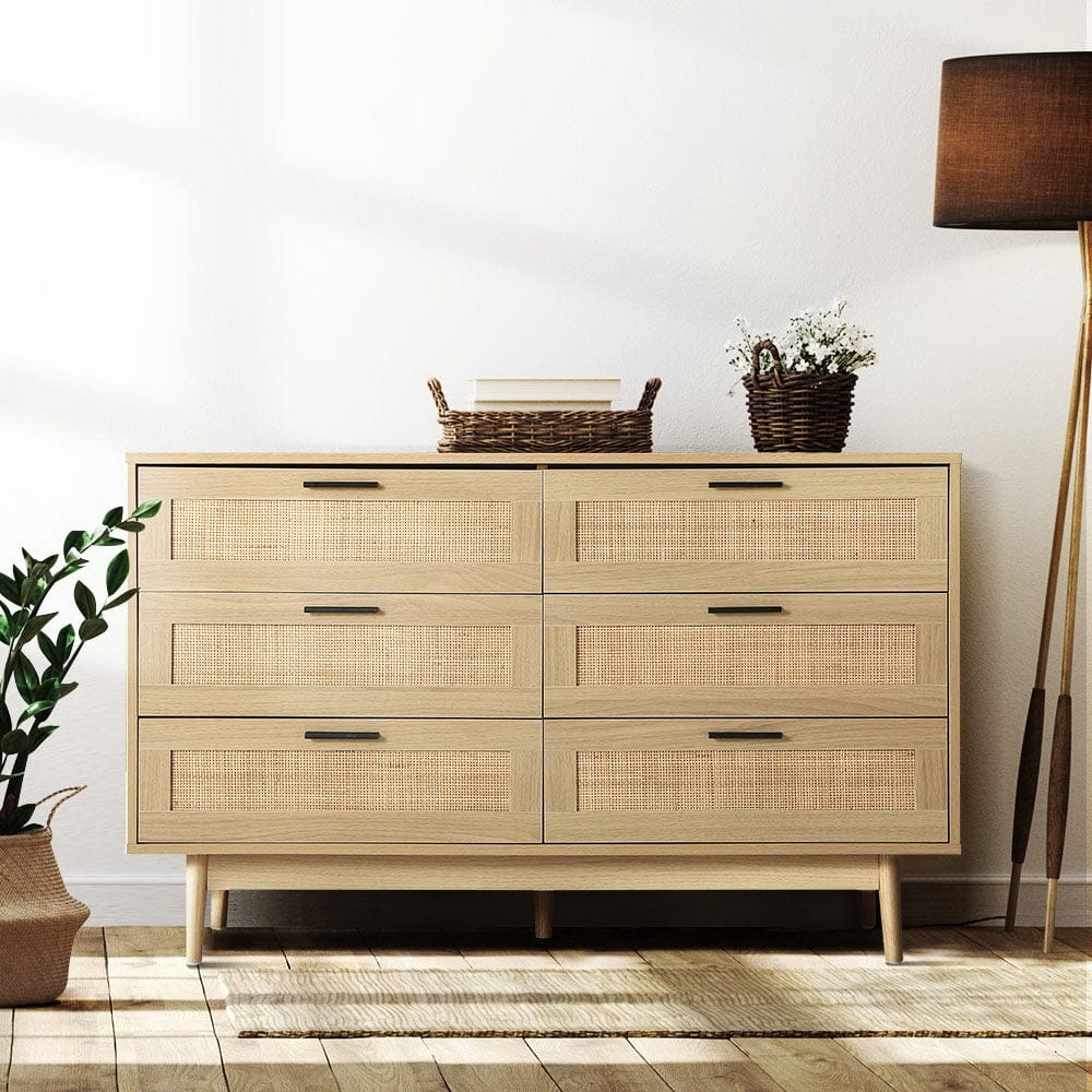 Artiss Chest of Drawers 6 Chest of Drawers Rattan Tallboy Cabinet Bedroom Clothes Storage Wood