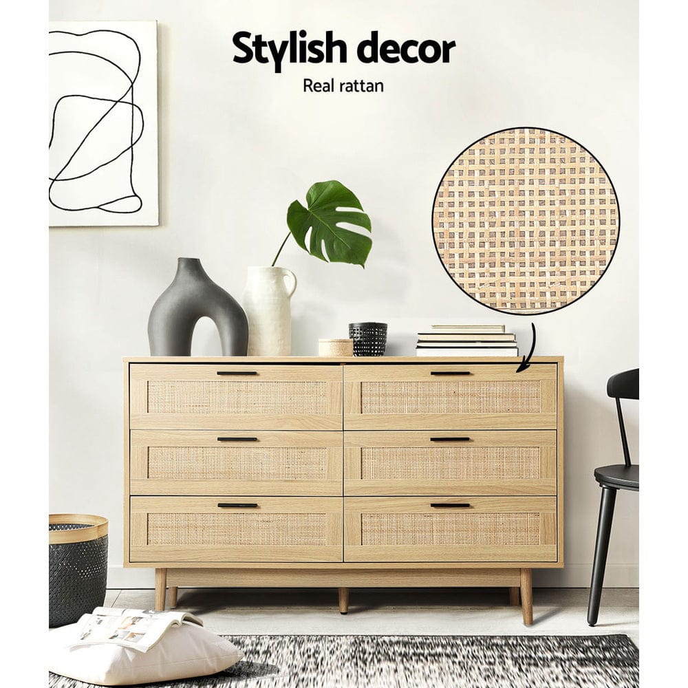 Artiss Chest of Drawers 6 Chest of Drawers Rattan Tallboy Cabinet Bedroom Clothes Storage Wood