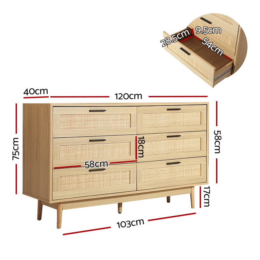Artiss Chest of Drawers 6 Chest of Drawers Rattan Tallboy Cabinet Bedroom Clothes Storage Wood