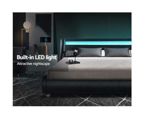 Artiss Bedframe ALEX LED Bed Frame Base Mattress Platform Black Leather
