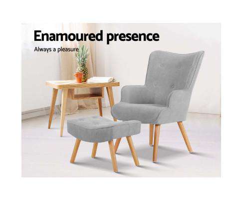 Artiss Accent Chair Armchair and Ottoman - Light Grey