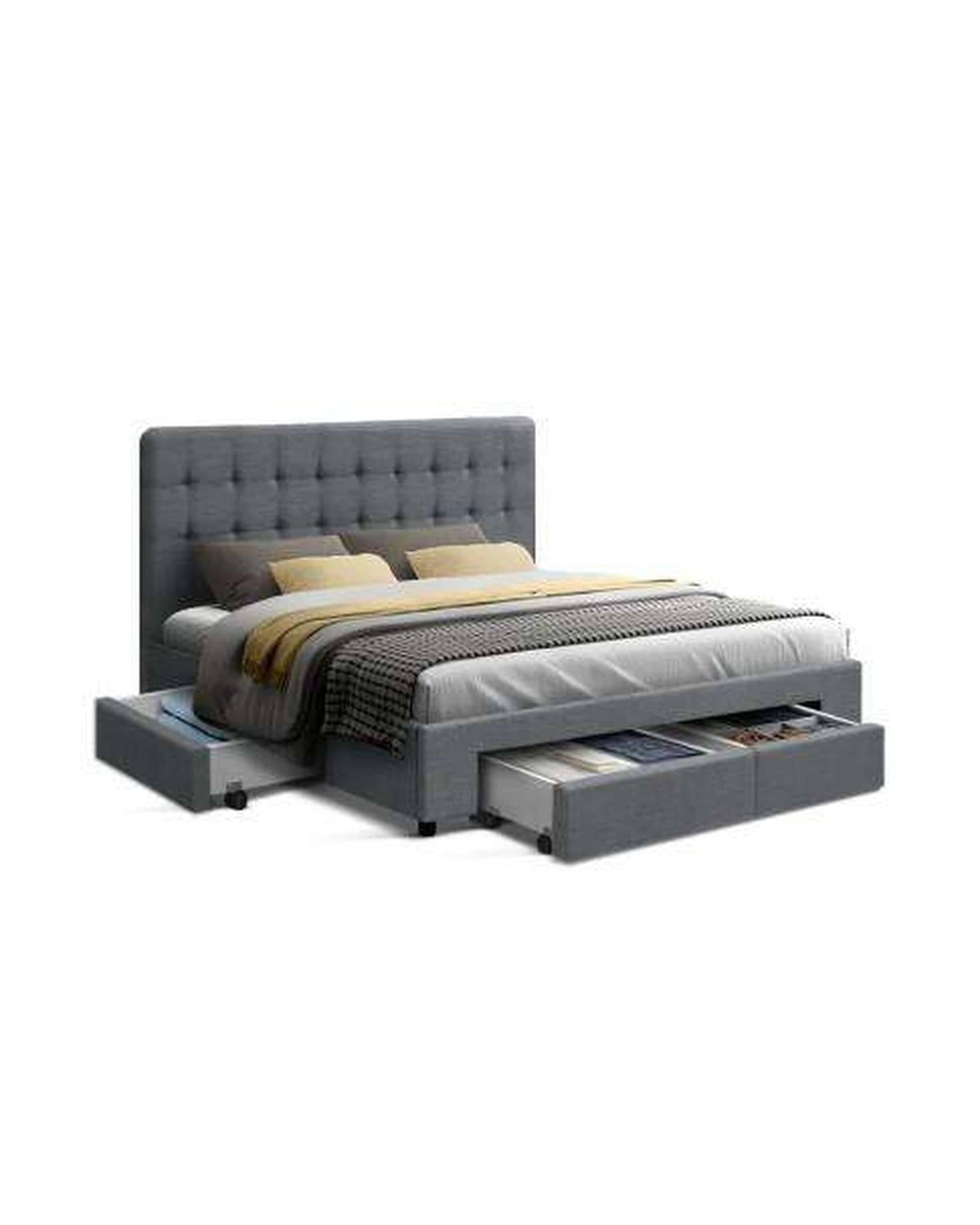 Artiss Bedframe Bed Frame with 4 Storage Drawers AVIO Fabric Headboard Wooden - Grey