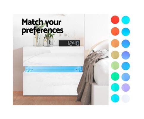 Artiss Bedside Table Bedside Table 2 Drawers RGB LED Side Nightstand High Gloss Cabinet White