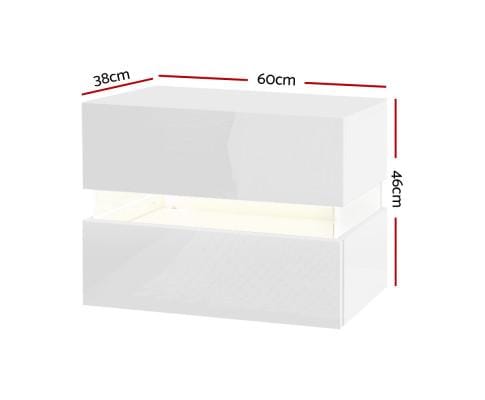 Artiss Bedside Table Bedside Table 2 Drawers RGB LED Side Nightstand High Gloss Cabinet White