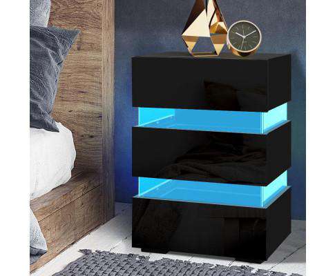 Artiss Bedside Table Bedside Table Side Unit RGB LED Lamp 3 Drawers Nightstand Gloss Furniture Black