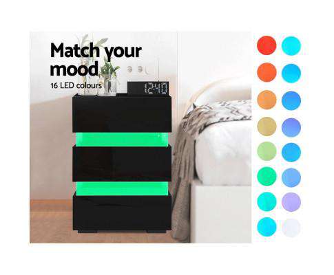 Artiss Bedside Table Bedside Table Side Unit RGB LED Lamp 3 Drawers Nightstand Gloss Furniture Black