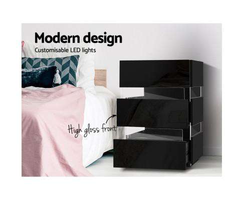 Artiss Bedside Table Bedside Table Side Unit RGB LED Lamp 3 Drawers Nightstand Gloss Furniture Black