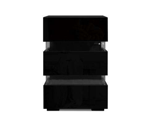 Artiss Bedside Table Bedside Table Side Unit RGB LED Lamp 3 Drawers Nightstand Gloss Furniture Black