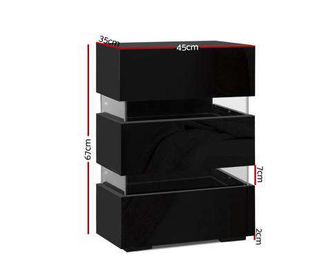 Artiss Bedside Table Bedside Table Side Unit RGB LED Lamp 3 Drawers Nightstand Gloss Furniture Black