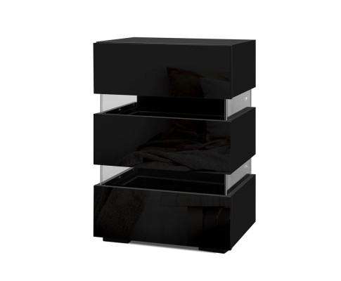 Artiss Bedside Table Bedside Table Side Unit RGB LED Lamp 3 Drawers Nightstand Gloss Furniture Black