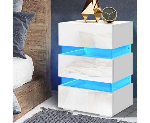 Artiss Bedside Table Bedside Table Side Unit RGB LED Lamp 3 Drawers Nightstand Gloss Furniture White