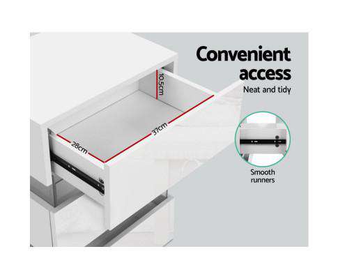 Artiss Bedside Table Bedside Table Side Unit RGB LED Lamp 3 Drawers Nightstand Gloss Furniture White