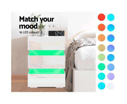 Artiss Bedside Table Bedside Table Side Unit RGB LED Lamp 3 Drawers Nightstand Gloss Furniture White