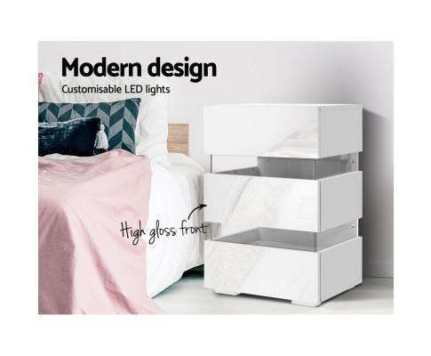 Artiss Bedside Table Bedside Table Side Unit RGB LED Lamp 3 Drawers Nightstand Gloss Furniture White