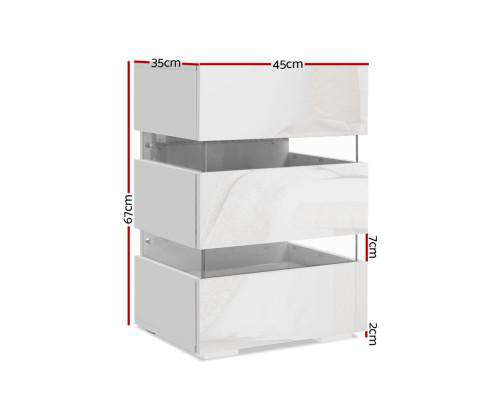 Artiss Bedside Table Bedside Table Side Unit RGB LED Lamp 3 Drawers Nightstand Gloss Furniture White