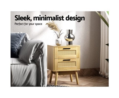 Artiss Bedside Table Bedside Tables Rattan 2 Drawers Side Table Nightstand Storage Cabinet