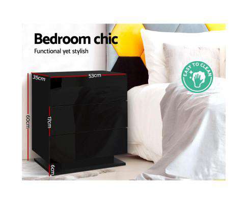 Artiss Bedside Table Bedside Tables Side Table RGB LED Lamp 2 Drawers Nightstand Gloss Black