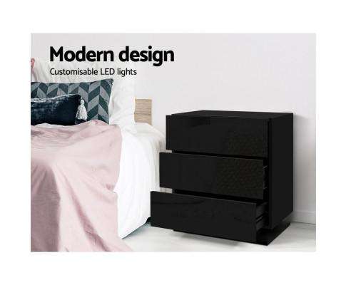 Artiss Bedside Table Bedside Tables Side Table RGB LED Lamp 2 Drawers Nightstand Gloss Black