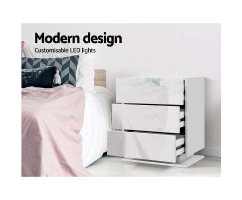 Artiss Bedside Table Bedside Tables Side Table RGB LED Lamp 2 Drawers Nightstand Gloss White