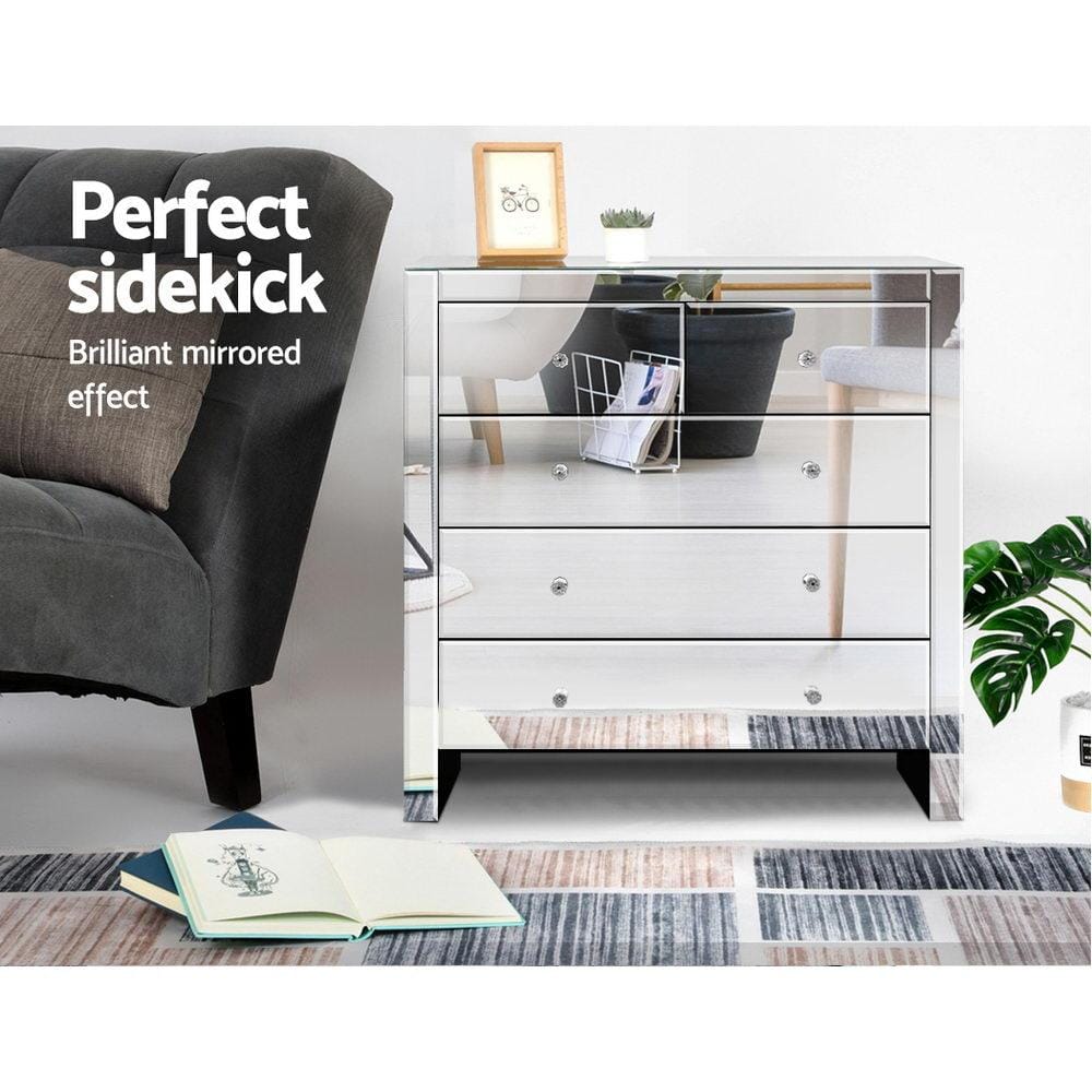 Artiss Chest of Drawers Chest of Drawers Tallboy Dresser Table Mirrored 5 Drawers Storage Cabinet