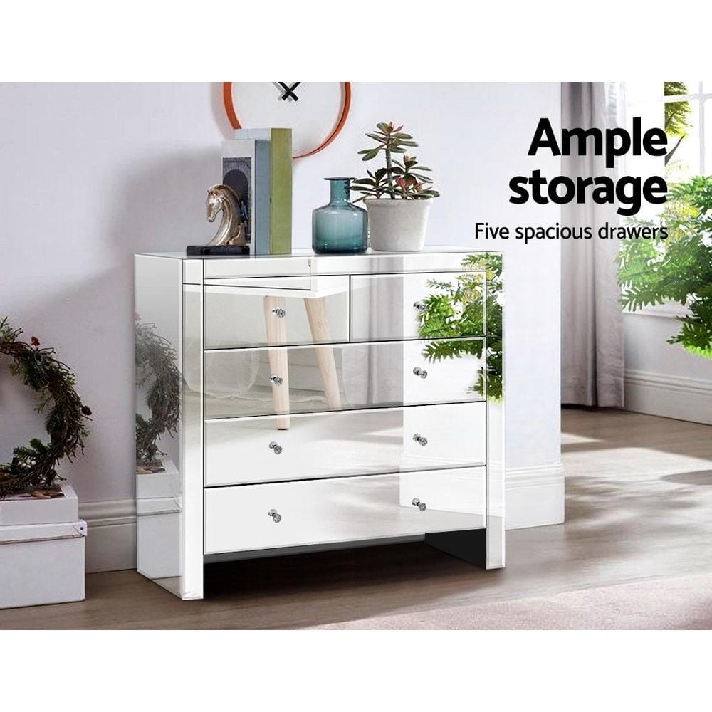 Artiss Chest of Drawers Chest of Drawers Tallboy Dresser Table Mirrored 5 Drawers Storage Cabinet