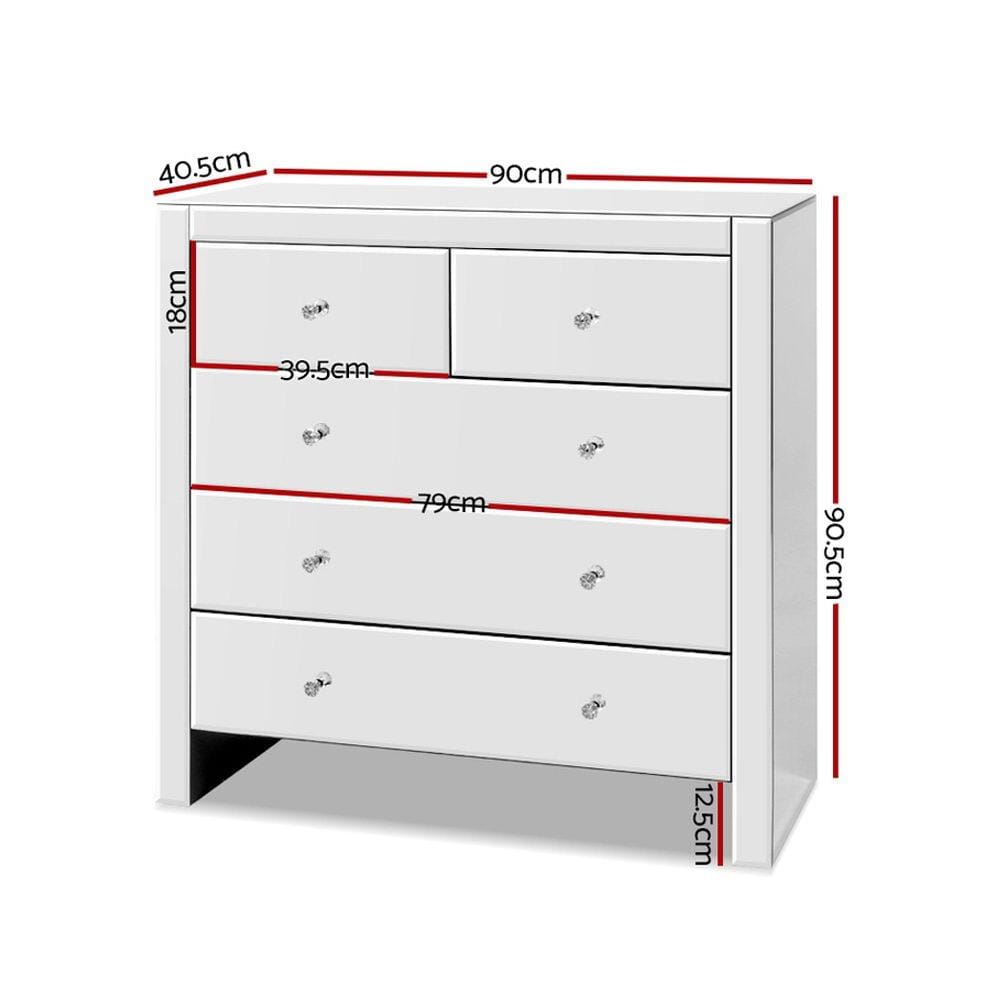 Artiss Chest of Drawers Chest of Drawers Tallboy Dresser Table Mirrored 5 Drawers Storage Cabinet