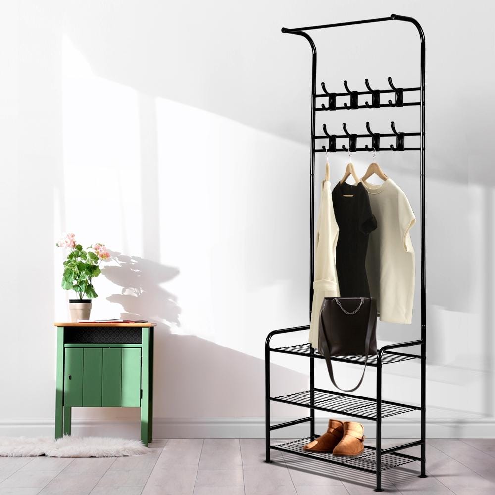 Artiss Shoe Rack Clothes Rack Coat Stand Garment Portable Hanger Airer Organiser Shoe Storage Metal Black