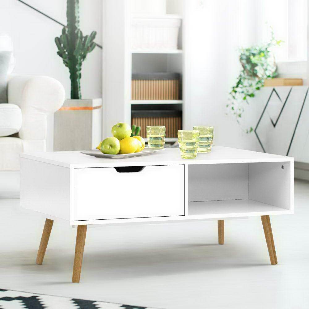 Artiss TV Unit Coffee Table Storage Drawer Open Shelf Wooden Legs Scandinavian White