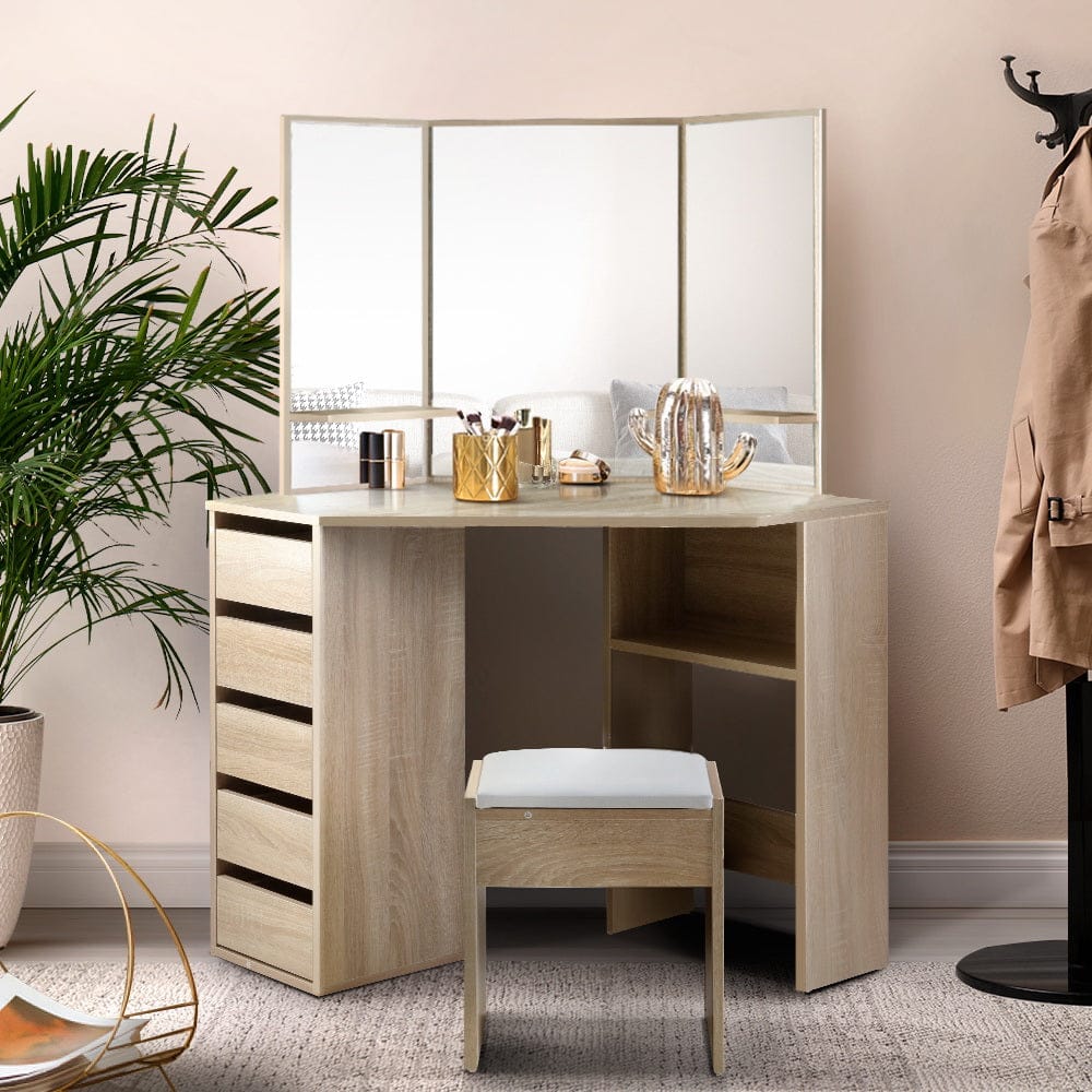 Artiss Dressing Table Corner Dressing Table Mirror Stool Set Makeup Vanity Desk Chair Oak