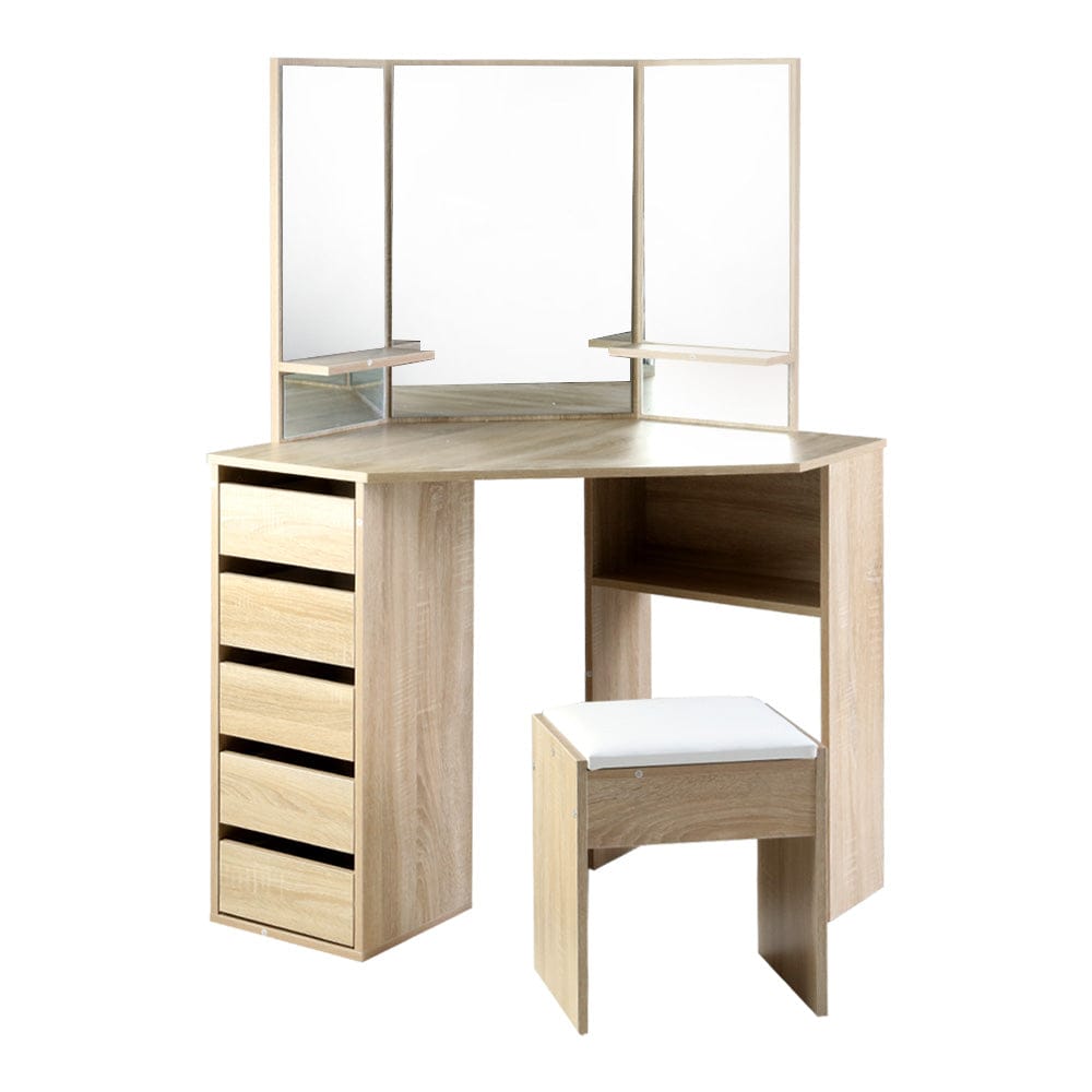 Artiss Dressing Table Corner Dressing Table Mirror Stool Set Makeup Vanity Desk Chair Oak