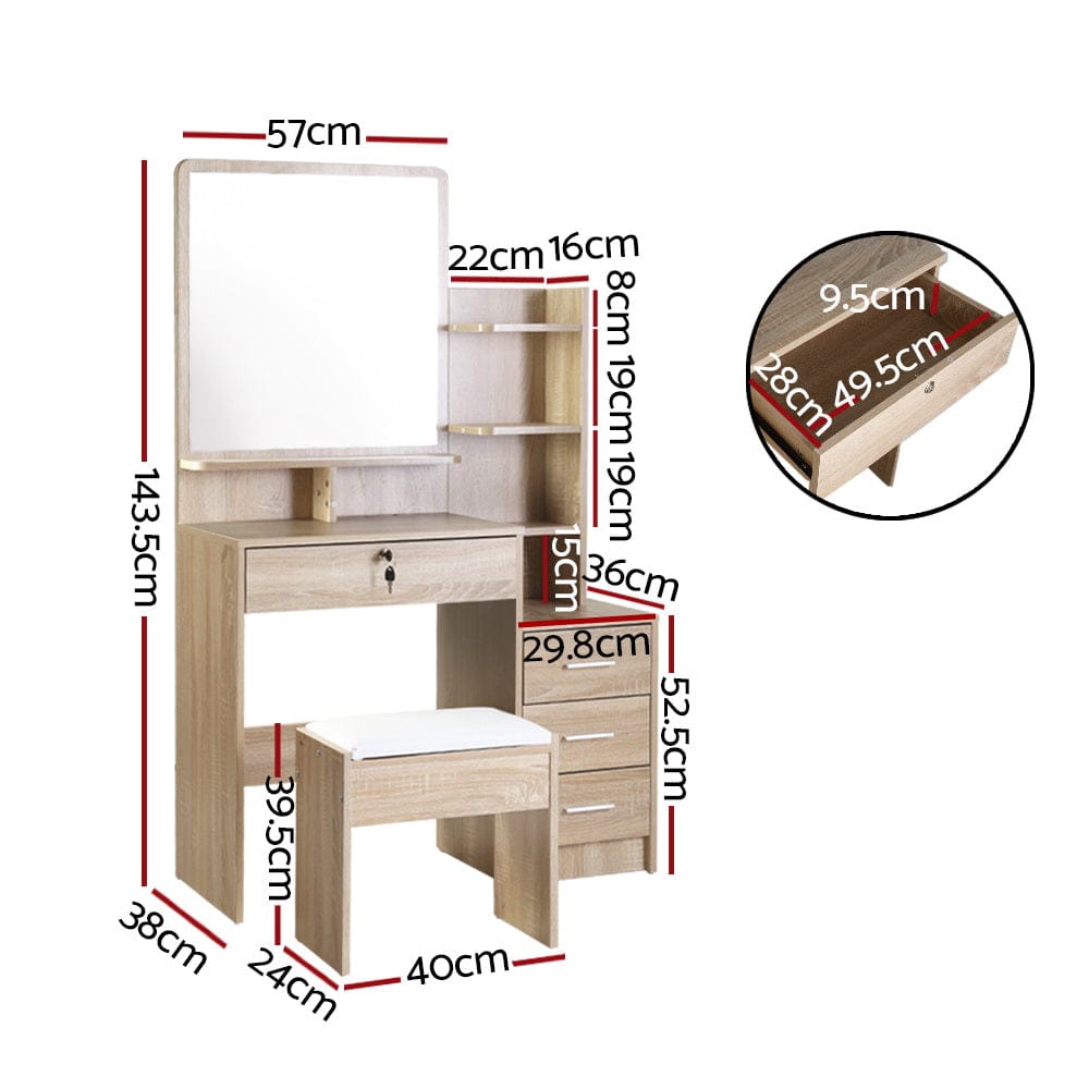 Artiss Dressing Table Dressing Table Mirror Stool Set Vanity Makeup Desk Organizer Drawer Oak