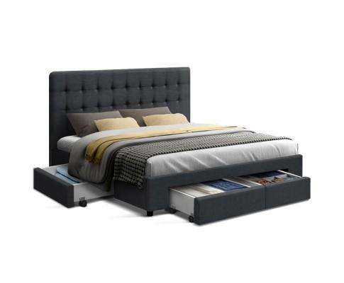 Artiss Bedframe Fabric Bed Frame Headboard with Drawers - Charcoal