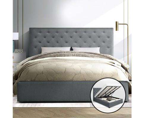 Artiss Bedframe Gas Lift Fabric Bed Frame + Storage - Grey