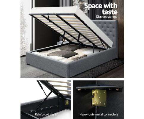 Artiss Bedframe Gas Lift Fabric Bed Frame + Storage - Grey