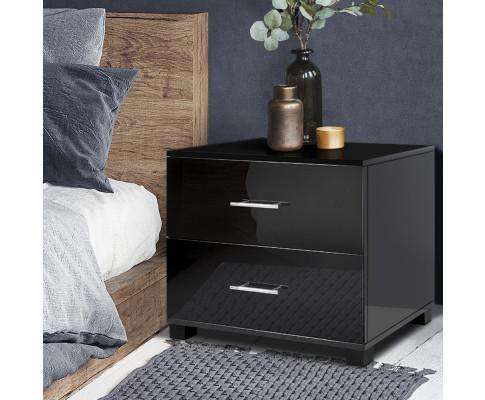 Artiss Bedside Table High Gloss Two Drawers Bedside Table - Black