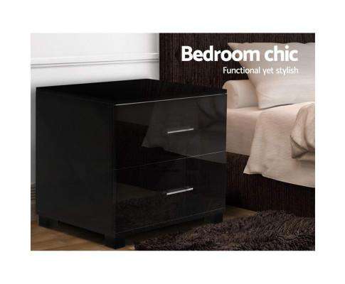Artiss Bedside Table High Gloss Two Drawers Bedside Table - Black