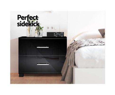 Artiss Bedside Table High Gloss Two Drawers Bedside Table - Black
