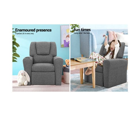 Artiss Accent Chair Kids Recliner Chair Grey Linen Soft Sofa Lounge Couch Children Armchair